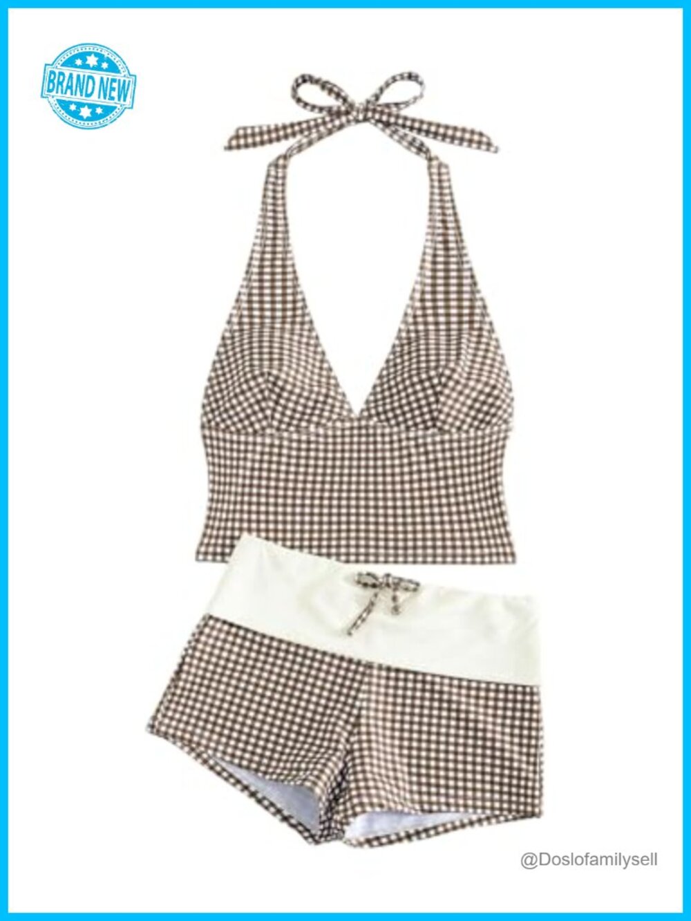 2 Piece Gingham Plaid Bikini Set Cheeky Halter Swimsuit Summer Beach